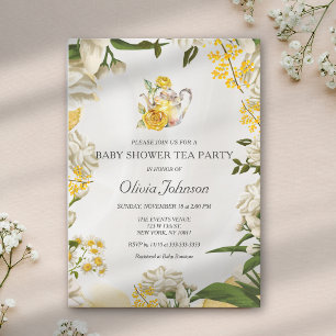 Elegant Geel Groen Bloemen Tea Party Baby shower Kaart