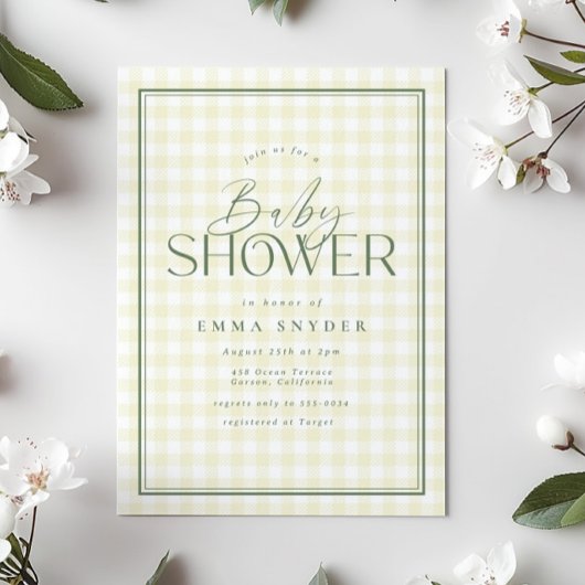 Elegant Geel Groen Gingham Baby shower Kaart