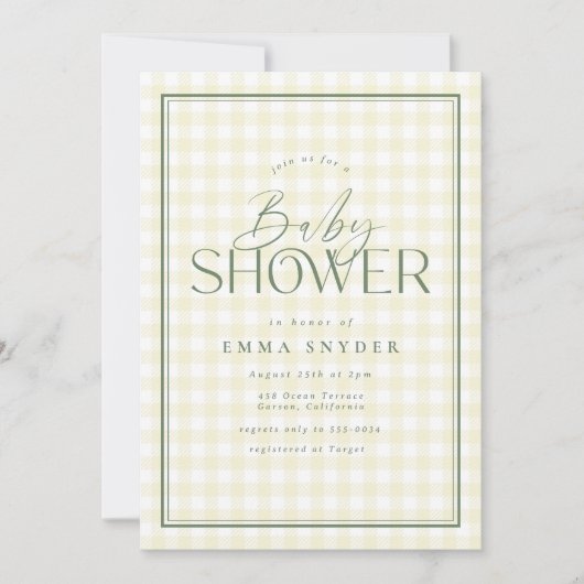 Elegant Geel Groen Gingham Baby shower Kaart (Voorkant)
