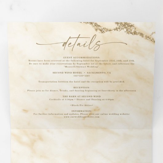 Elegant geel met gouden folie marmeren bruiloft drieluik uitnodiging (Binnenzijde eerst)