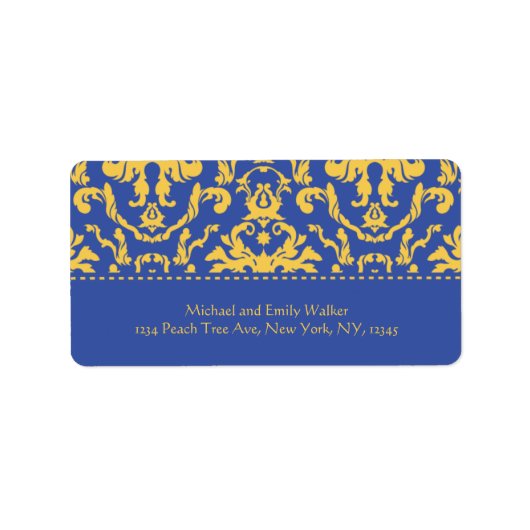 Elegant geel op Royal Blue Damask Adreslabel Etiket (Voorkant)