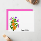 Elegant geel Oranje Roos met vlinder Notitiekaartje (Voorkant / Achterkant in situ)