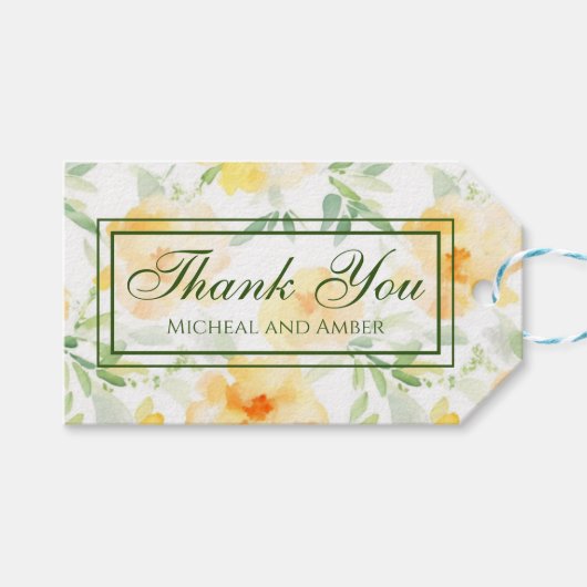 Elegant geel perzik sinaasappel waterverf floraal cadeaulabel (Voorkant (Horizontaal))