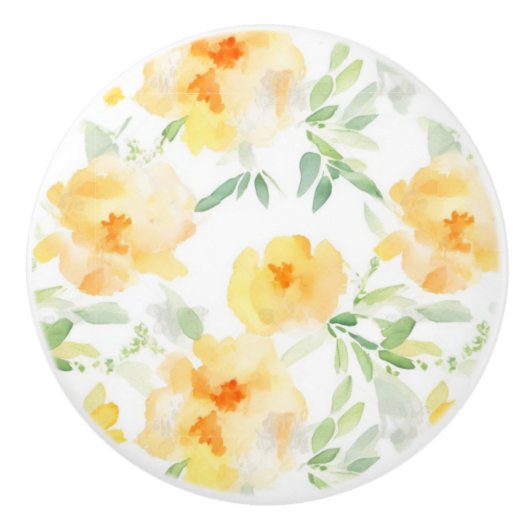 Elegant geel perzik sinaasappel waterverf floraal keramische knop (Voorkant)