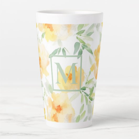 Elegant geel perzik sinaasappel waterverf floraal latte mok (Voorkant)