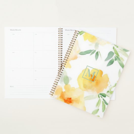 Elegant geel perzik sinaasappel waterverf floraal planner (Display)