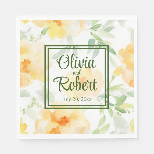 Elegant geel perzik sinaasappel waterverf floraal servet (Voorkant)