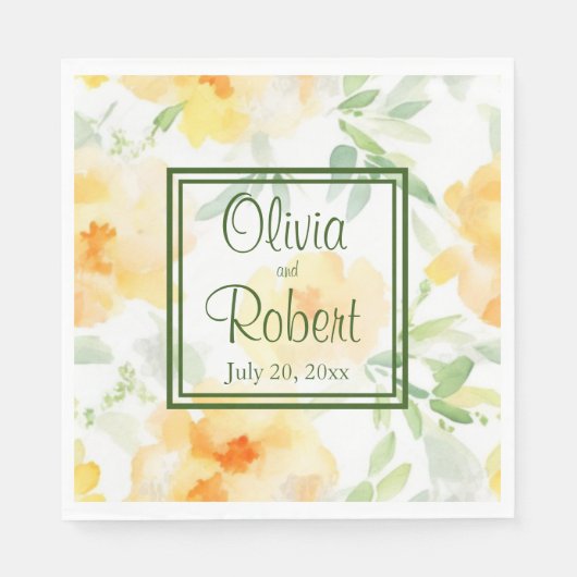 Elegant geel perzik sinaasappel waterverf floraal servet (Voorkant)