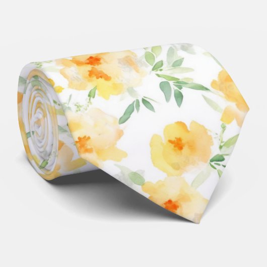 Elegant geel perzik sinaasappel waterverf floraal stropdas (Opgerold)