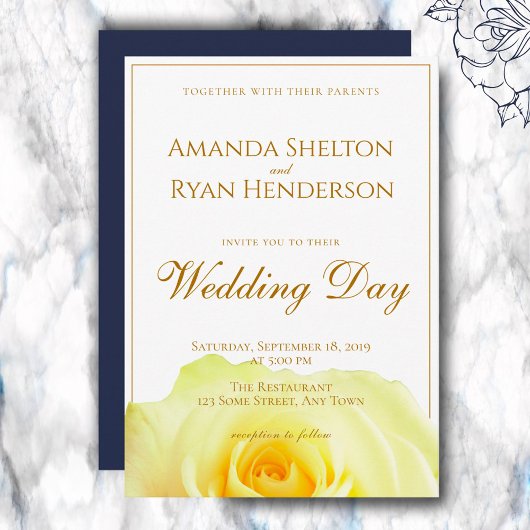 Elegant Geel Roos Script Bloem Bruiloft Kaart