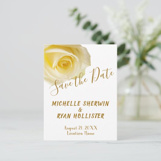 Elegant Geel Rose Bruiloft Save the Date Aankondigingskaart (Staand voorkant)