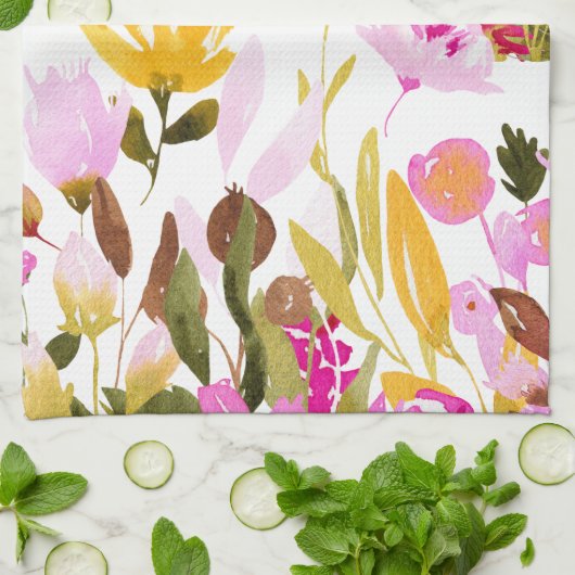 Elegant Geel Roze Waterverf Floral Gepersonaliseer Theedoek (Gevouwen)