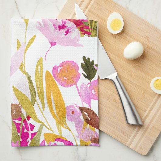 Elegant Geel Roze Waterverf Floral Gepersonaliseer Theedoek (Quarter Fold)