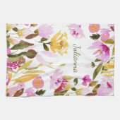 Elegant Geel Roze Waterverf Floral Gepersonaliseer Theedoek (Horizontaal)
