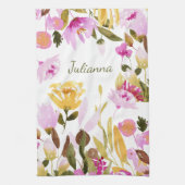 Elegant Geel Roze Waterverf Floral Gepersonaliseer Theedoek (Verticaal)