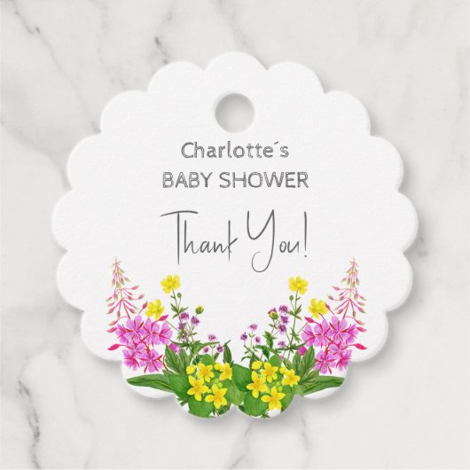 Elegant geel roze Wildflower Script Baby shower Bedankjes Labels (Voorkant)