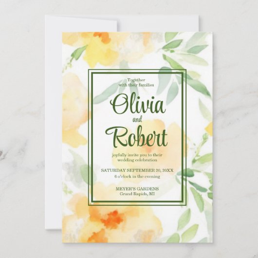 Elegant geel sinaasappel waterverf bloemenbruiloft kaart (Voorkant)