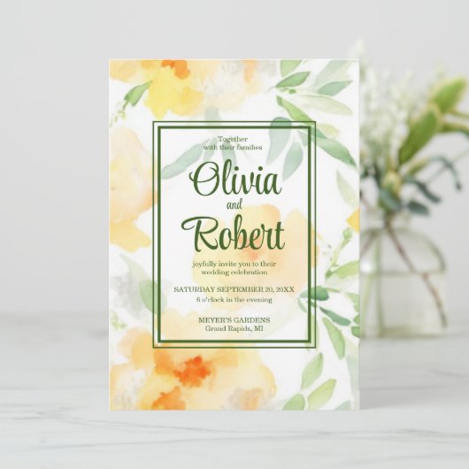 Elegant geel sinaasappel waterverf bloemenbruiloft kaart (Staand voorkant)