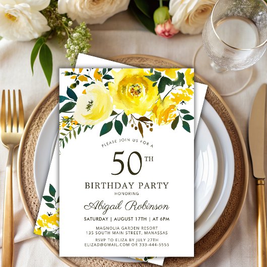 Elegant Geel Tuin Roos Bloemen 50ste Verjaardag Kaart