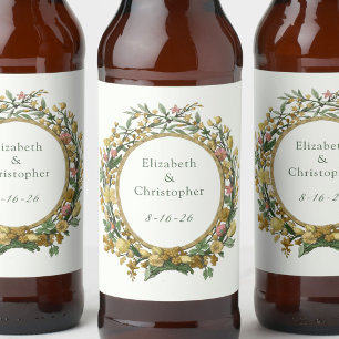 Elegant Geel Vintage Bloemachtig Huwelijk Bier Etiket