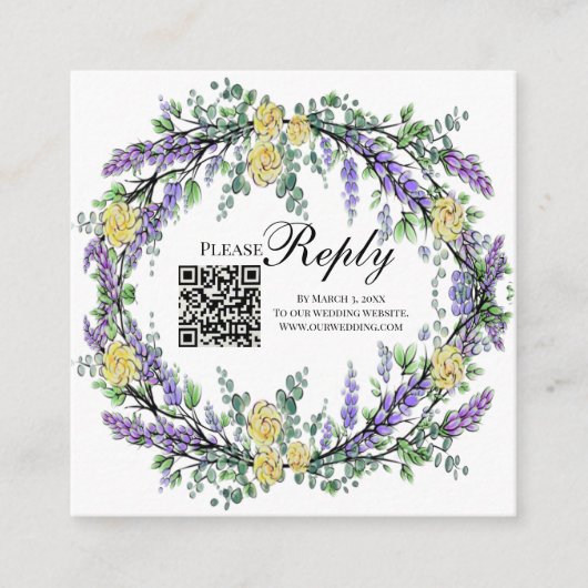 Elegant geel waterverf rozen lavendel RSVP QR Informatiekaartje (Voorkant)