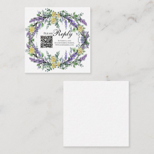 Elegant geel waterverf rozen lavendel RSVP QR Informatiekaartje (Voorkant / Achterkant)