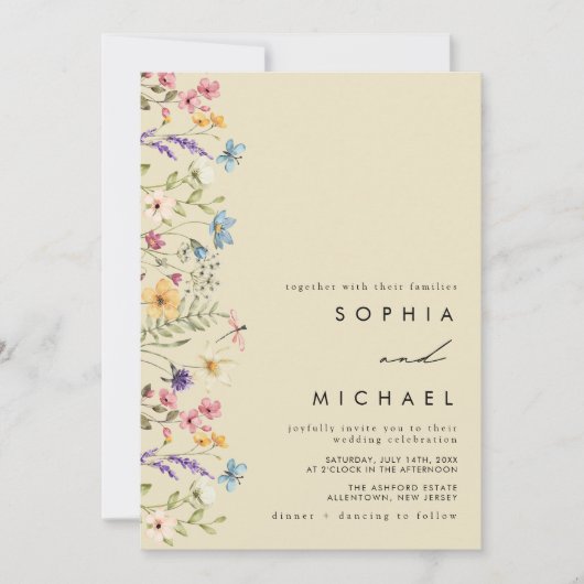 Elegant Geel Waterverf Wildflower Bruiloft Kaart (Voorkant)