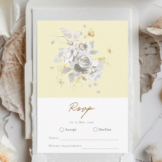 Elegant Geel Wit Rose Wedding RSVP Kaart