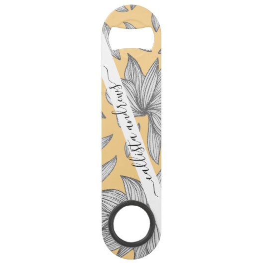 Elegant Geel Zilver Glitter Bloemenlijn Art Speed Flessenopener (Voorkant)