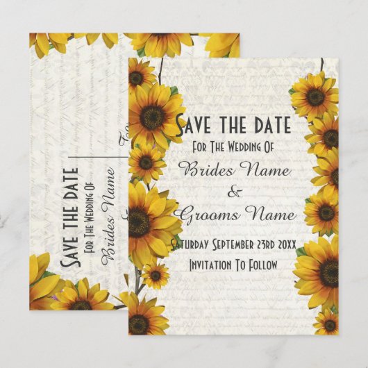 Elegant geel zonnebloem land save the date aankondigingskaart (Voorkant / Achterkant)