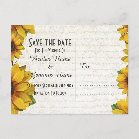 Elegant geel zonnebloem land save the date aankondigingskaart (Achterkant)