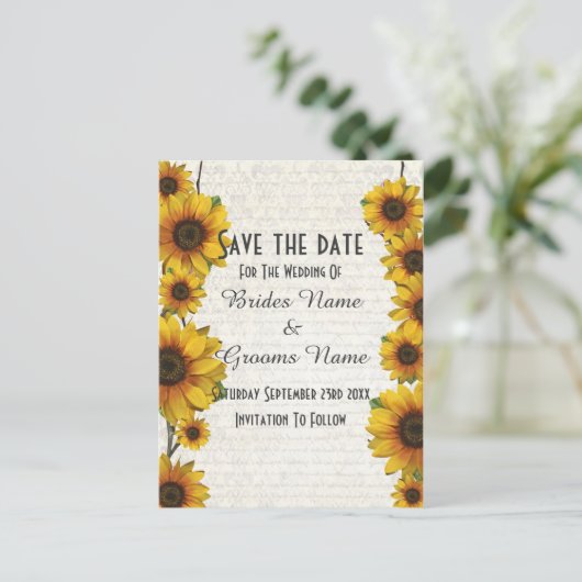 Elegant geel zonnebloem land save the date aankondigingskaart (Staand voorkant)