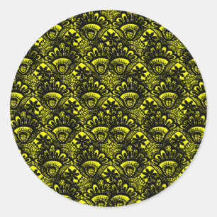 Elegant  geel zwart damast kanten patroon ronde sticker