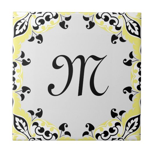 Elegant geel zwart-wit patroon met monogram tegeltje (Voorkant)