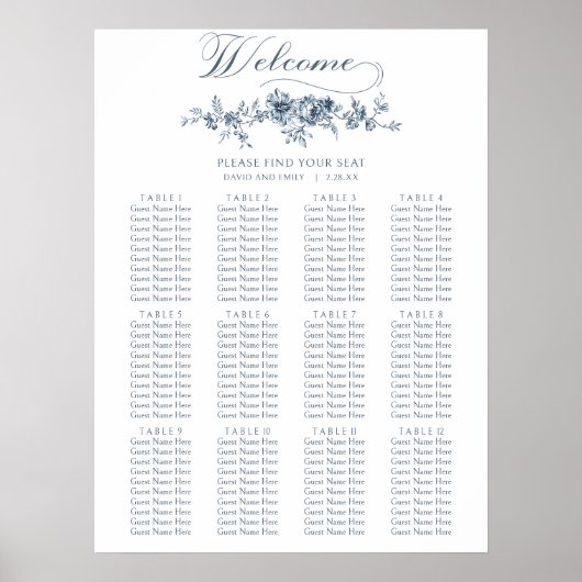 Elegant gegraveerd Blauw Bloemen Poster (Voorkant)