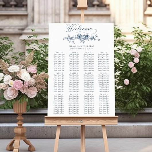 Elegant  gegraveerd Blauw Bloemen Poster