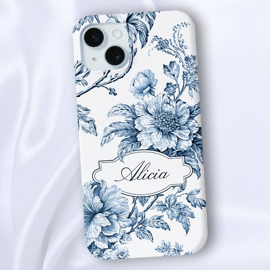 Elegant gegraveerd Blauw Bloemen w/Name of Monogra Case-Mate iPhone Case