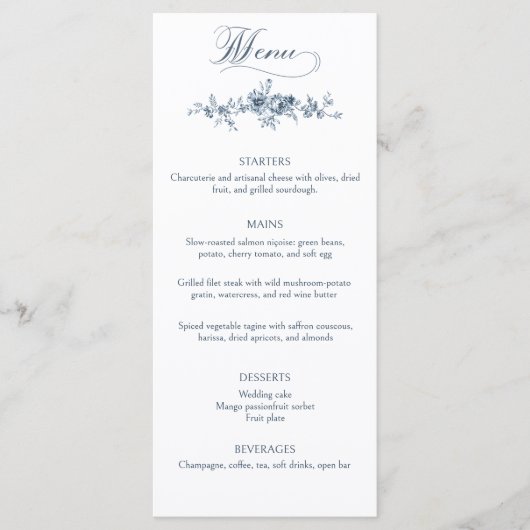 Elegant gegraveerd Frans Blauw Bloemen Menu (Voorkant)