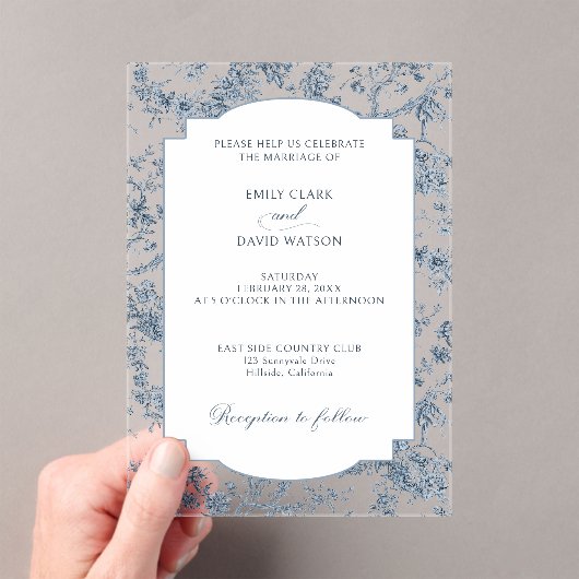 Elegant gegraveerd Frans Blauw Bloemen Toile Acryl Uitnodigingen (Insitu (Draagbaar))