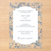 Elegant gegraveerd Frans Blauw Bloemen Toile Acryl Uitnodigingen (Voorkant)