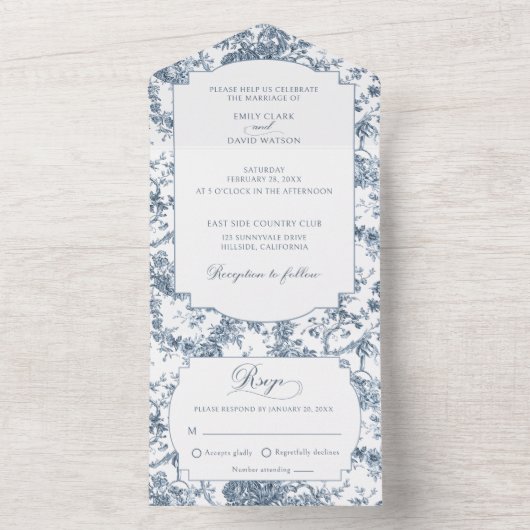 Elegant gegraveerd Frans Blauw Bloemen Toile All In One Uitnodiging (Binnen)