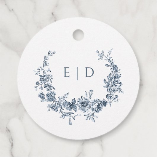 Elegant gegraveerd Frans Blauw Bloemen Toile Bedankjes Labels (Achterkant)