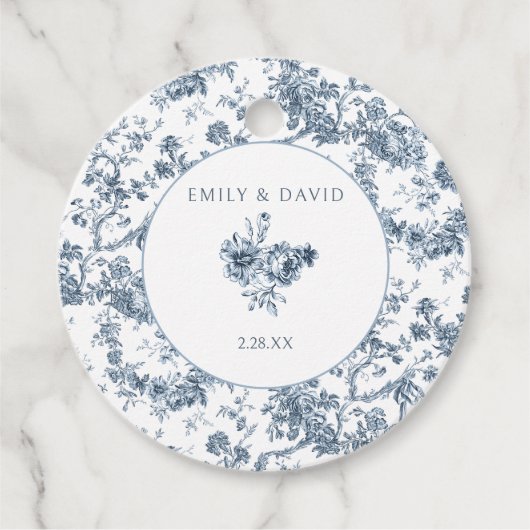 Elegant gegraveerd Frans Blauw Bloemen Toile Bedankjes Labels (Voorkant)