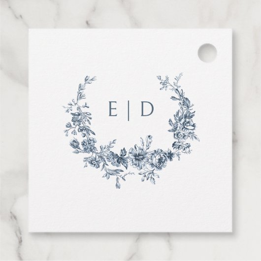 Elegant gegraveerd Frans Blauw Bloemen Toile Bedankjes Labels (Achterkant)