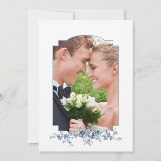 Elegant gegraveerd Frans Blauw Bloemen Toile Bedankkaart (Achterkant)