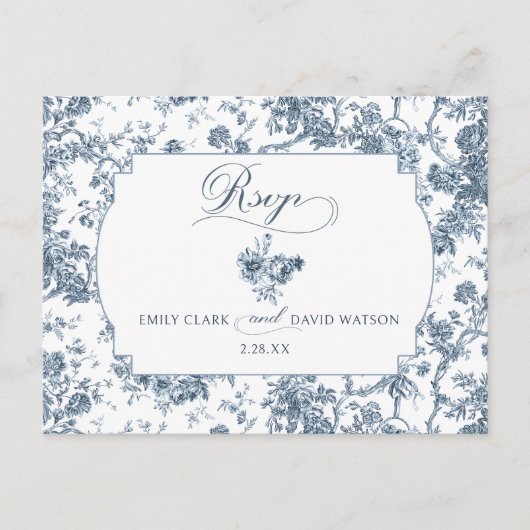 Elegant gegraveerd Frans Blauw Bloemen Toile Briefkaart (Voorkant)
