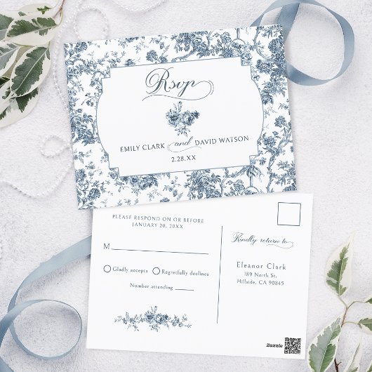 Elegant gegraveerd Frans Blauw Bloemen Toile Briefkaart