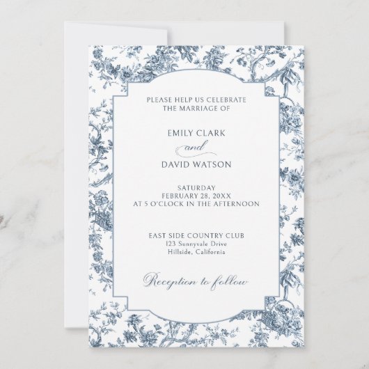 Elegant gegraveerd Frans Blauw Bloemen Toile Kaart (Voorkant)