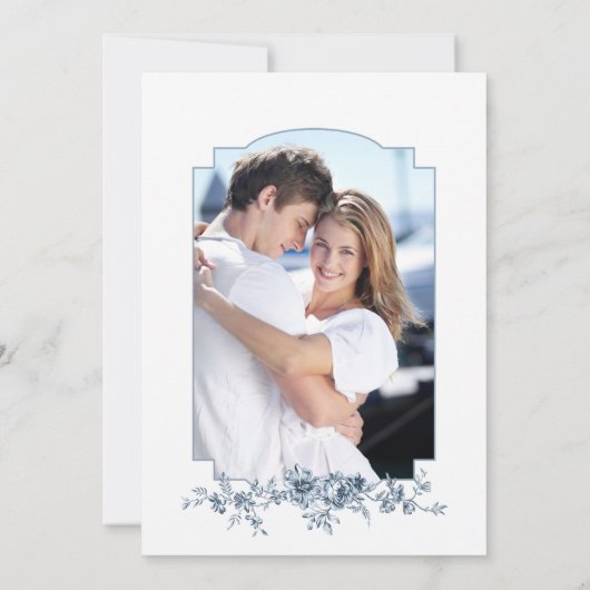 Elegant gegraveerd Frans Blauw Bloemen Toile Kaart (Achterkant)