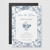 Elegant gegraveerd Frans Blauw Bloemen Toile Magnetische Uitnodiging (Voorkant / Achterkant)